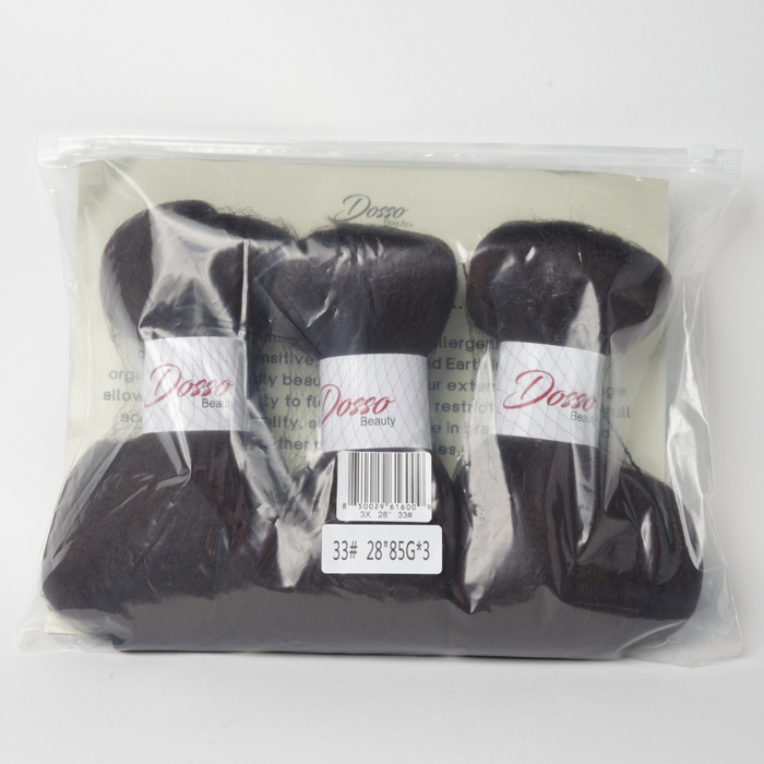 Packaged hair extensions with 'Dosso' branding on a white background