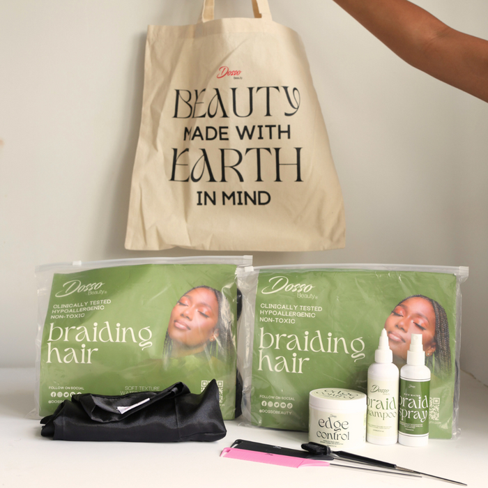 Dosso Beauty hair care products including braiding hair, braid shampoo, and a tote bag with branding.