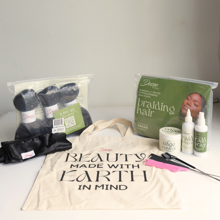 Cosmetic set with braiding hair products and a tote bag on a white background