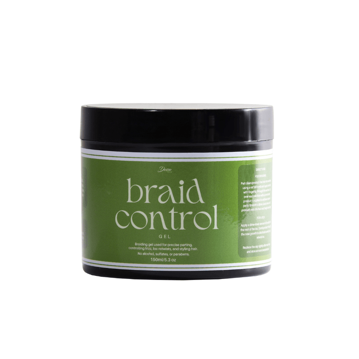 A round black lidded jar with an olive-colored label that reads "Braid Control."