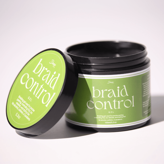Dosso Beauty braid control gel jar with lid open for strong hold, smooth edges, and frizz control