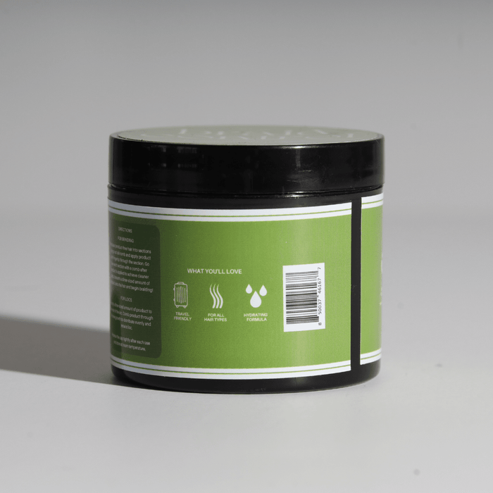 Dosso Beauty braid control gel jar back label showing product benefits, features, and barcode