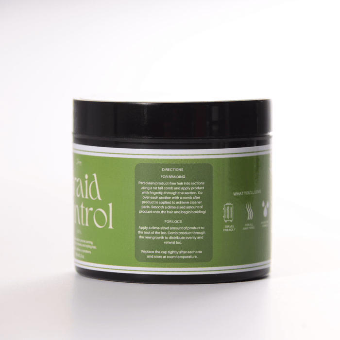 Dosso Beauty braid control gel jar side label with directions for braiding and loc application