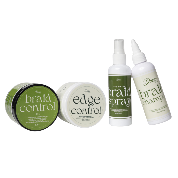 Set of hair care products sold in a bundle including braid control, organic edge control, rice water braid spray, and braid shampoo on a white background.
