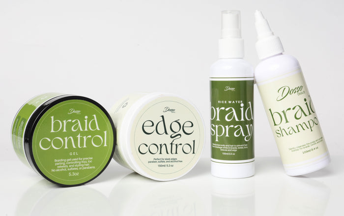 Set of Dosso Beauty hydration hair care products including braid control, organic edge control, rice water braid spray, and braid shampoo on a white background.