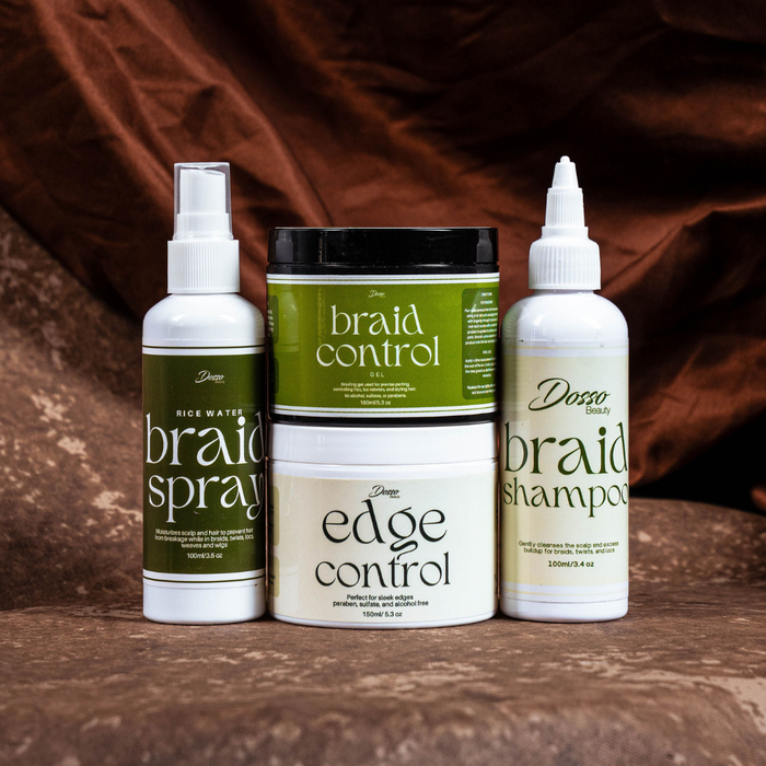 Dosso Beauty organic hair products collection featuring natural braid care essentials.