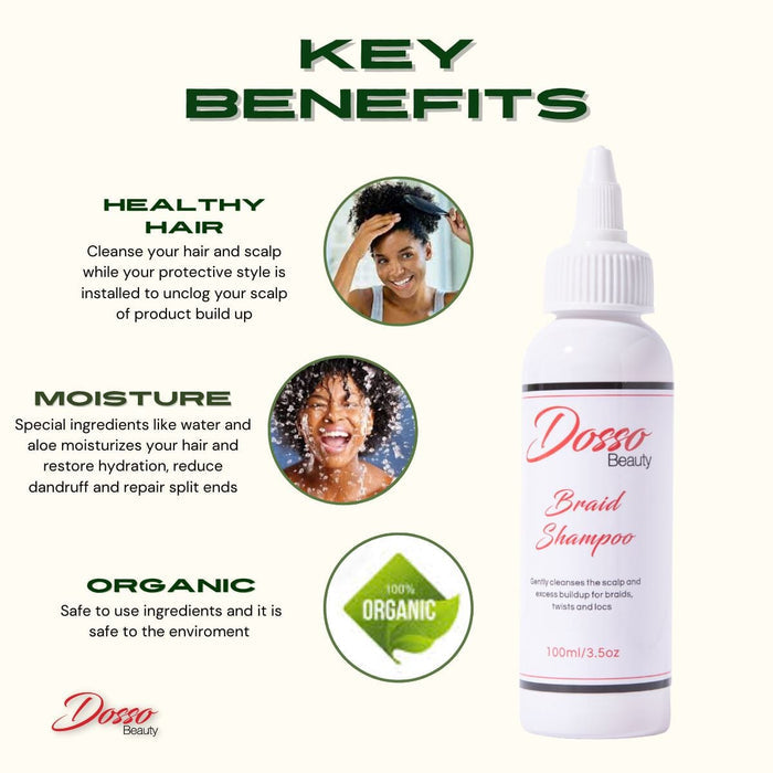Braid shampoo key benefits infographic highlighting healthy hair cleansing, moisture, and organic ingredients with applicator bottle