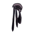 Side shot of a black velvet DuRag, styled as though it is on a person's head.