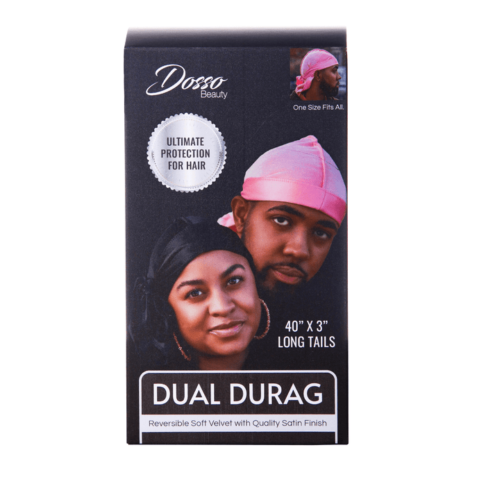 Dosso Beauty dual durag packaging showing satin and velvet reversible design with hair protection features