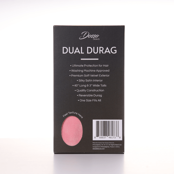 Back of Dosso Beauty dual durag packaging showing product features including satin interior and velvet exterior