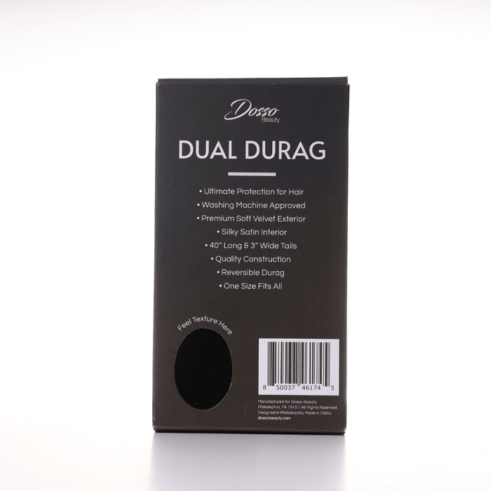 Back of Dosso Beauty dual durag packaging in black showing product features and specifications