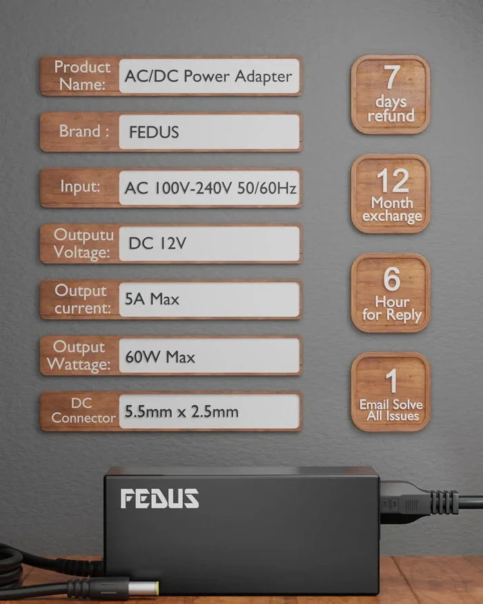 FEDUS 12 Volt 5 Amp (12V 5A) AC DC Adapter 12v 60 Watt DC Power Supply AC Adapter SMPS AC to DC Converter for Battery Charger Transformer, PC, LCD Monitor, TV, LED Strip, CCTV, DVR, NVR, DIY Cheeku Technologies