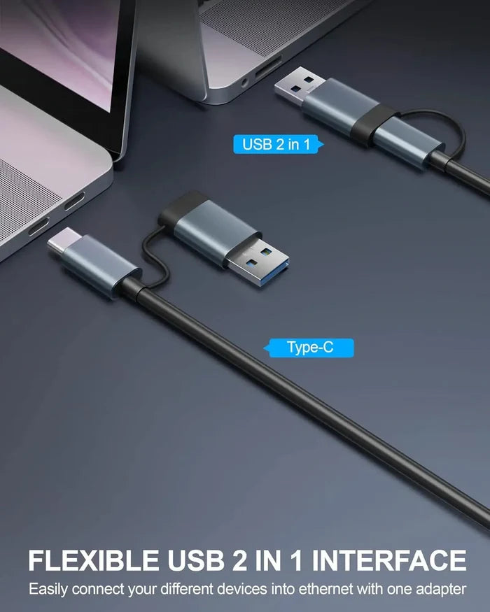 FEDUS 2-in-1 USB 3.0 to Ethernet Adapter, USB C to Ethernet RJ45 Adapter, Gigabit 1000Mbps LAN Network Adapter Supporting Windows and Mac, Laptop, Desktop USB Type-C to LAN RJ45 connector-Plug & Play FEDUS