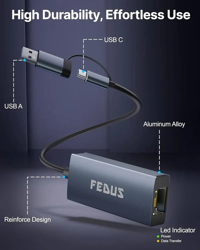 FEDUS 2-in-1 USB 3.0 to Ethernet Adapter, USB C to Ethernet RJ45 Adapter, Gigabit 1000Mbps LAN Network Adapter Supporting Windows and Mac, Laptop, Desktop USB Type-C to LAN RJ45 connector-Plug & Play FEDUS