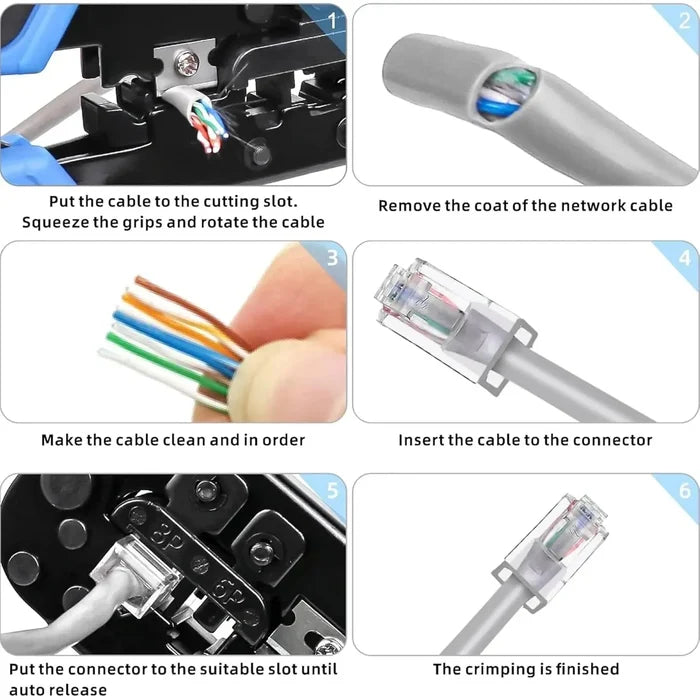 FEDUS Ethernet Crimp Tool, Cat5, Cat5e, Cat6 Crimping tool for UTP 8P/RJ45 and 6P/RJ12 4P/RJ11 connectors Crimp, Cut, Strip Tool, Professional Network Crimper, Cutter Stripper, Network Wire Stripper Black FEDUS
