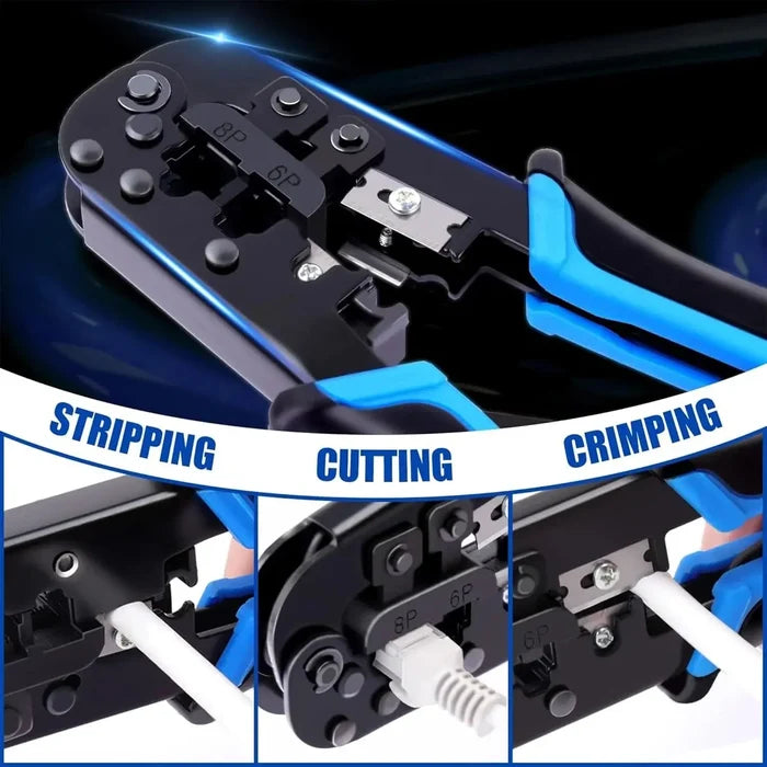 FEDUS Ethernet Crimp Tool, Cat5, Cat5e, Cat6 Crimping tool for UTP 8P/RJ45 and 6P/RJ12 4P/RJ11 connectors Crimp, Cut, Strip Tool, Professional Network Crimper, Cutter Stripper, Network Wire Stripper Black FEDUS