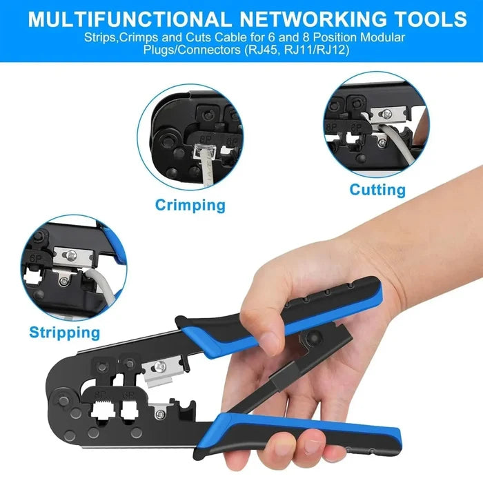 FEDUS Ethernet Crimp Tool, Cat5, Cat5e, Cat6 Crimping tool for UTP 8P/RJ45 and 6P/RJ12 4P/RJ11 connectors Crimp, Cut, Strip Tool, Professional Network Crimper, Cutter Stripper, Network Wire Stripper Black FEDUS
