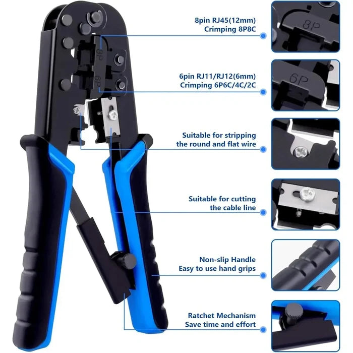 FEDUS Ethernet Crimp Tool, Cat5, Cat5e, Cat6 Crimping tool for UTP 8P/RJ45 and 6P/RJ12 4P/RJ11 connectors Crimp, Cut, Strip Tool, Professional Network Crimper, Cutter Stripper, Network Wire Stripper Black FEDUS
