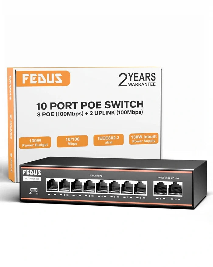 FEDUS NextSwitch 10 Port AI PoE Switch, 10/100 Mbps 8 PoE + 2 Uplink 130W Unmanaged Active PoE for IP Cameras, NVR, VoIP, 250m Long Range, VLAN Isolation, 6KV Surge Protection Ethernet LAN Extender FEDUS