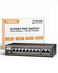 FEDUS NextSwitch 10 Port AI PoE Switch, 10/100 Mbps 8 PoE + 2 Uplink 130W Unmanaged Active PoE for IP Cameras, NVR, VoIP, 250m Long Range, VLAN Isolation, 6KV Surge Protection Ethernet LAN Extender FEDUS