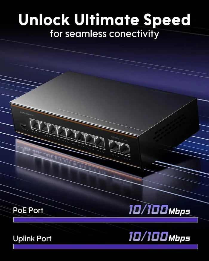 FEDUS NextSwitch 10 Port AI PoE Switch, 10/100 Mbps 8 PoE + 2 Uplink 130W Unmanaged Active PoE for IP Cameras, NVR, VoIP, 250m Long Range, VLAN Isolation, 6KV Surge Protection Ethernet LAN Extender FEDUS