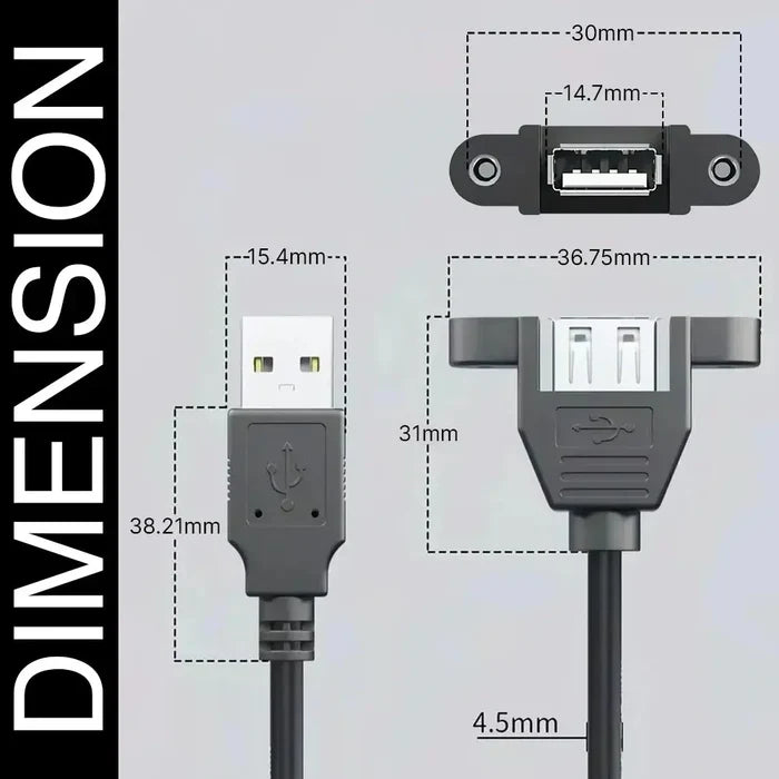 FEDUS Panel- Mount USB 2.0 Male to Female Extension Cable, 17-inch /43cm USB 2.0 Type A Male to Type A Female with Screw Hole Panel Mount Adapter External Cable FEDUS