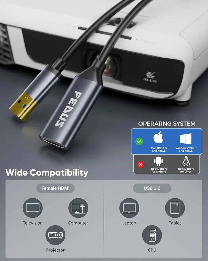 FEDUS USB to HDMI Adapter 1080P@60Hz(MacBook Air/Pro & Windows PC only) Converter, Support Mirror Expansion Mode, HDMI Adapter Compatible Laptop, Monitor, Projectors Windows 7, 8, 10, 11, MacOS 10.15+ FEDUS