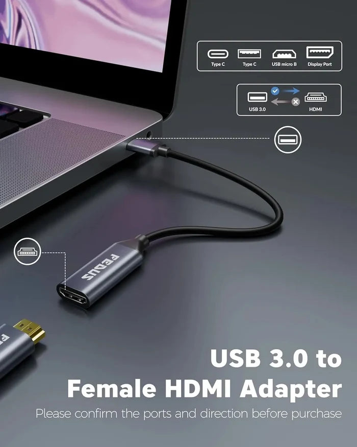 FEDUS USB to HDMI Adapter 1080P@60Hz(MacBook Air/Pro & Windows PC only) Converter, Support Mirror Expansion Mode, HDMI Adapter Compatible Laptop, Monitor, Projectors Windows 7, 8, 10, 11, MacOS 10.15+ FEDUS