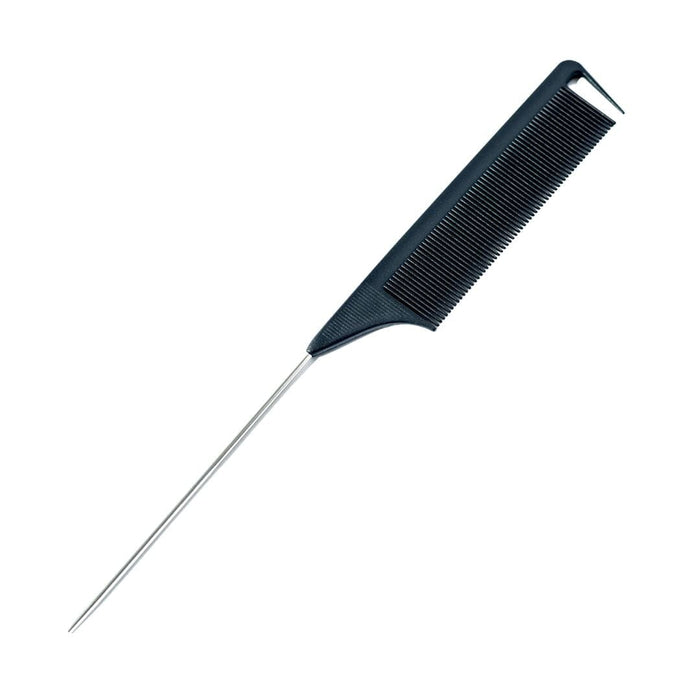 Black carbon fiber comb with a long handle on a white background