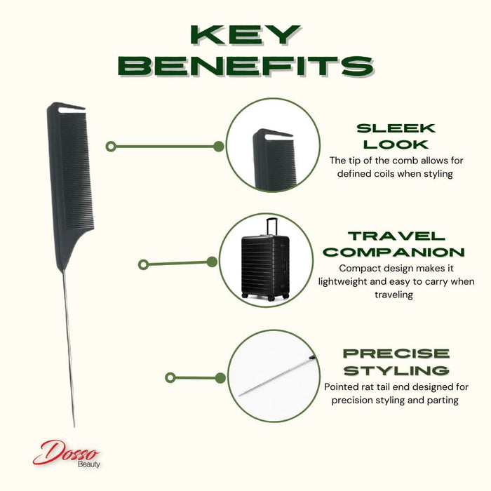 Rat tail comb with fine teeth and pointed metal tip displayed alongside key styling benefits on a white background.