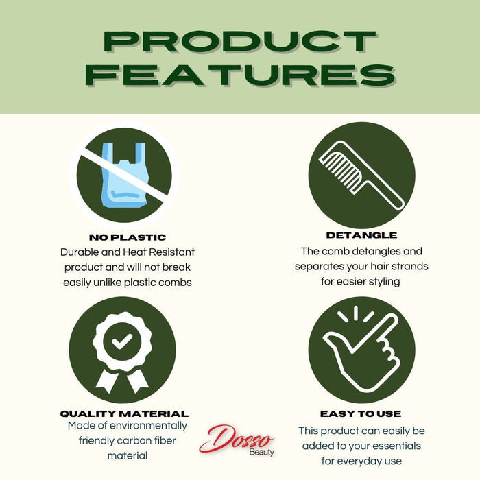 Graphic showing rat tail comb product features including detangling, durable material, and easy everyday use.