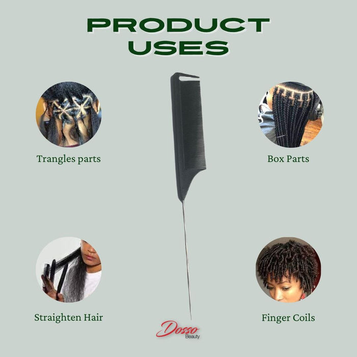 Graphic showing rat tail comb uses including parting hair, straightening, and creating defined styles.