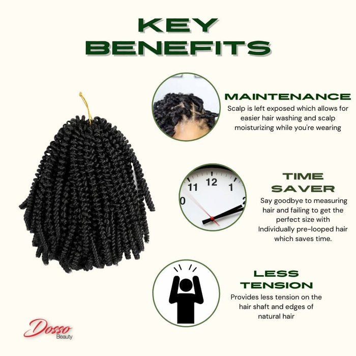 Key benefits graphic shows black spring twist extensions with maintenance, time saver, and less tension benefits alongside icons on a white background.
