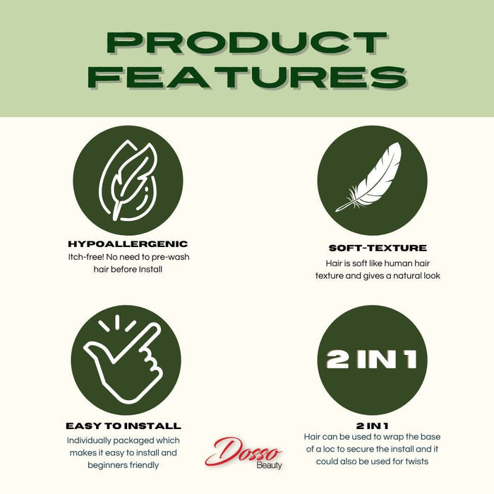 Product features graphic highlights spring twist benefits including hypoallergenic, soft texture, easy installation, and 2 in 1 use on a green and white background