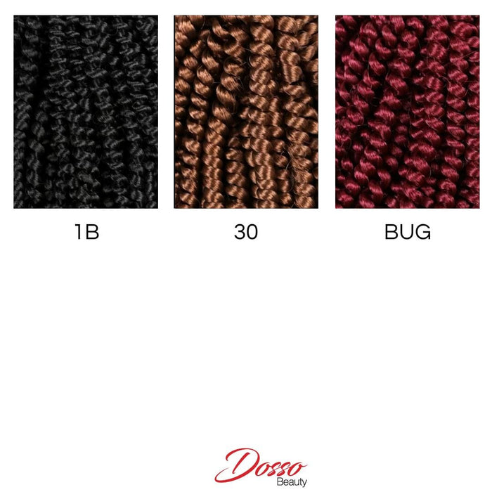 Three close-up samples of spring twist hair in black 1B, brown 30, and burgundy color are displayed side by side on a white background.